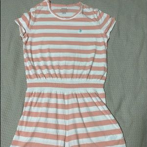 Girls Polo Ralph Lauren pink and white stripe romper size Large (12-14)
